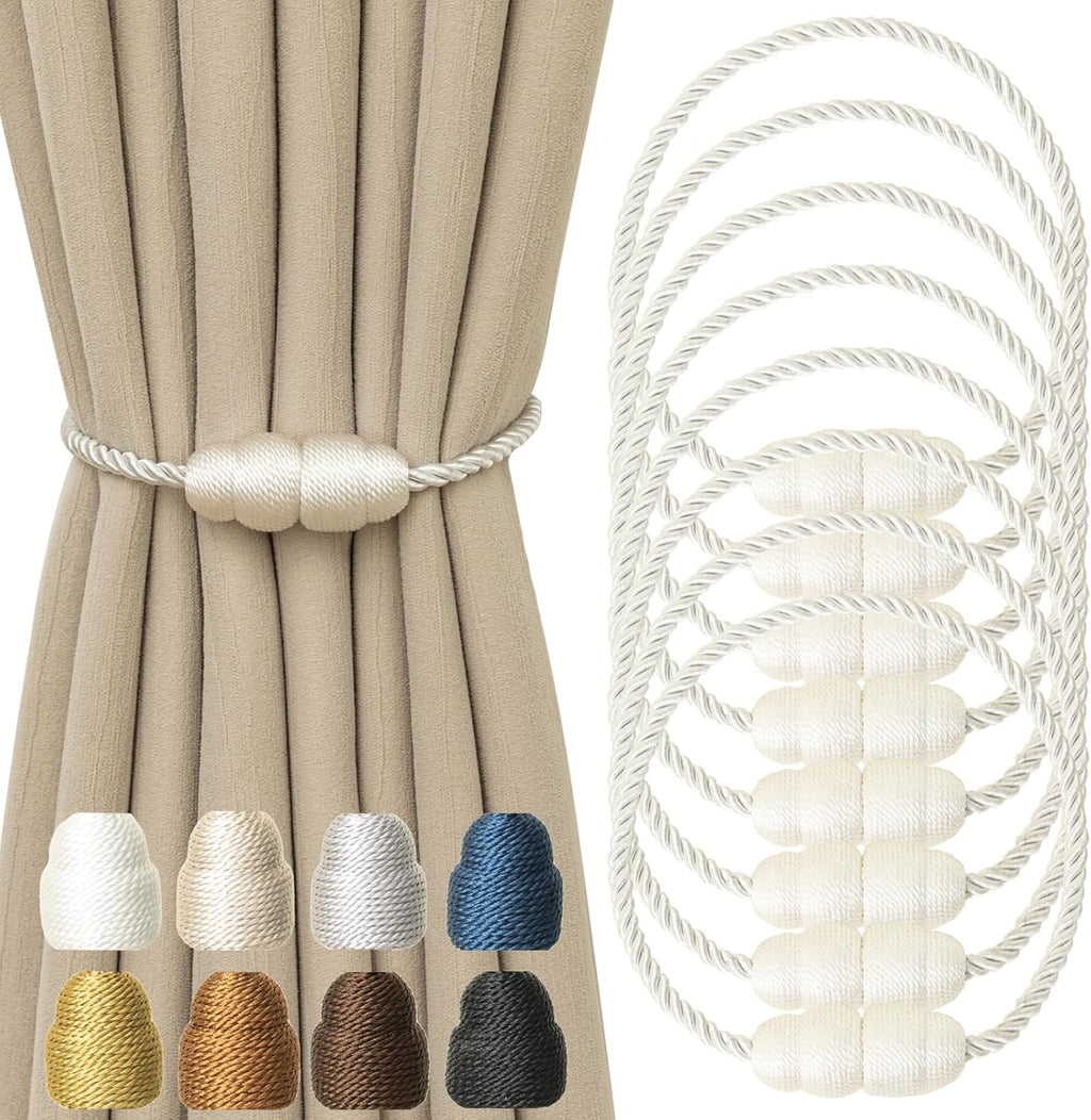Magnetic Curtain Tiebacks Rope Curtain Tie Backs for Curtains 8 Pack Curtain Holders for Drapes Decorative Window Curtain Holdbacks, White