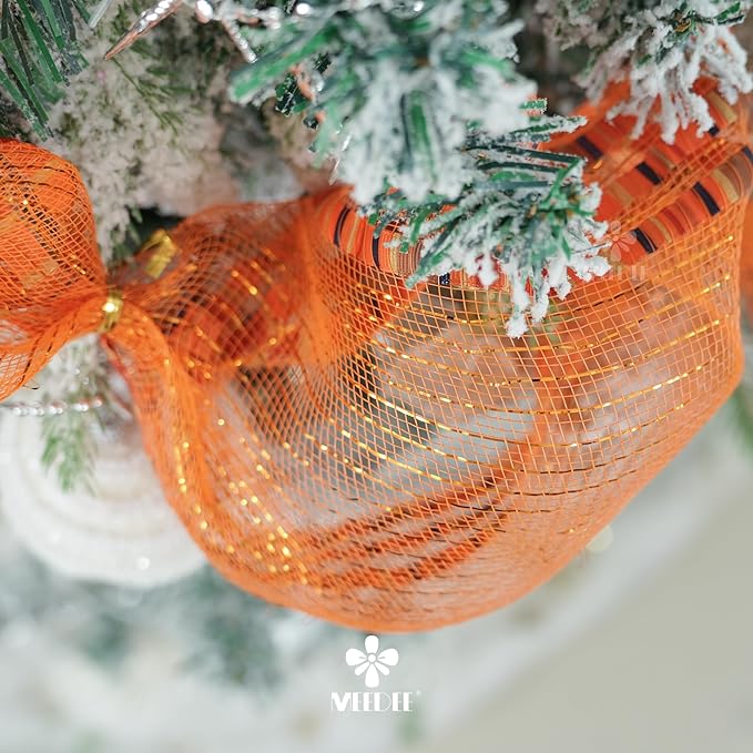 MEEDEE Orange Mesh 10 Inch Ruffle Patterned Metallic Mesh Ribbon Fall Colors, Ideal for Wreaths, Garland, Christmas Tree, Gift Wrapping, Bows Making (30 Feet)