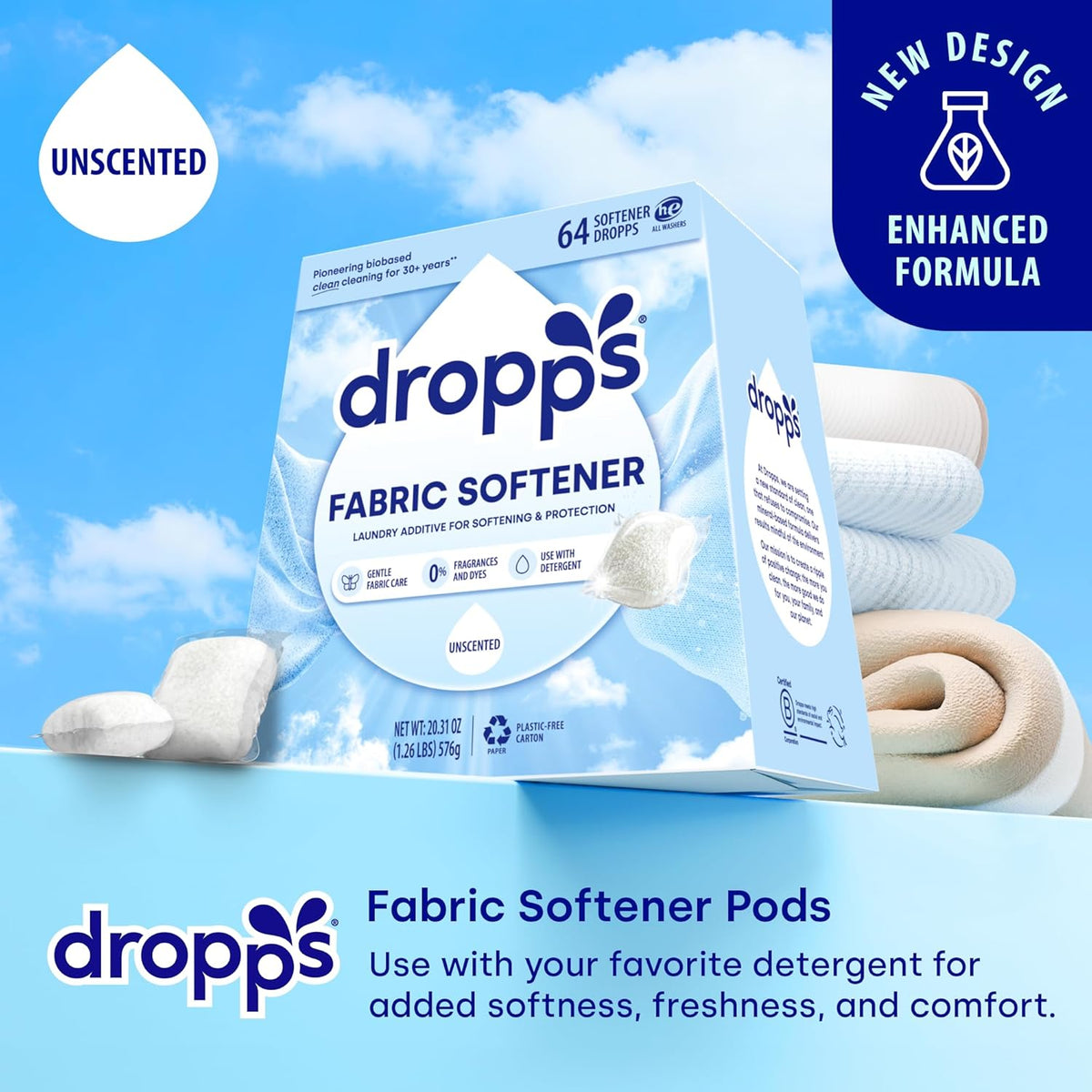 Dropps Laundry Fabric Softener Pods, Unscented (64 Count) - Fabric Softener Liquid Pods for Fluffy, Soft Fabrics - HE Compatible Mineral Based Ingredients Laundry Supplies