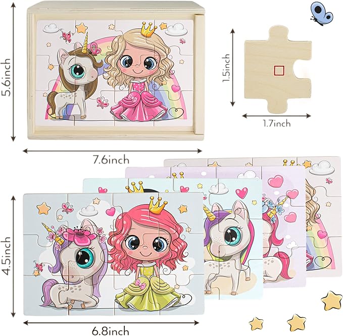 4-in-1 Princess Jigsaw Puzzles for Kids, Wood Puzzles for Kids Ages 3-5 48 Piece Wooden Puzzles for Toddlers 3-5, Wooden Puzzles for Toddlers, Essential Skills Gift for Girls Princesses