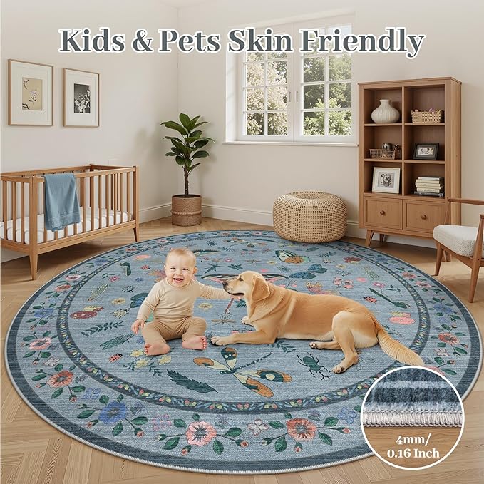 6ft Washable Round Rug - Bug Rugs for Living Room Non-Slip Low Pile Soft Ultra-Thin Machine Washable Circle Carpet for Bedroom, Entryway, Nursery, Kitchen, Home Office (6' Round Blue)