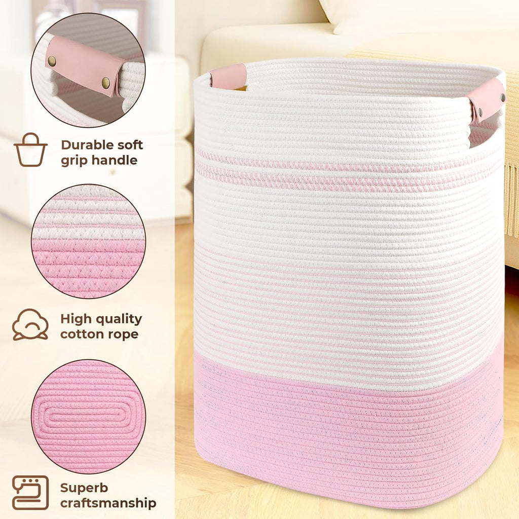 Laundry Basket with Handles - Blanket Basket & Hampers for Bedroom Aesthetic, Laundry Hamper & Blanket Storage for Living Room, Clothes Hamper, Tall, Large 17" x 14" x 22”, Pink & White