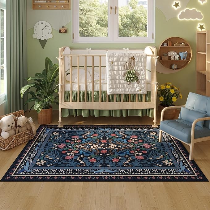 Area Rug 4x6 Rug Washable Vintage Floral Botanical Rugs Non Slip Low Pile Small Carpet for Bedroom, Bedside, Kids Room, Office, Dining Room, Blue