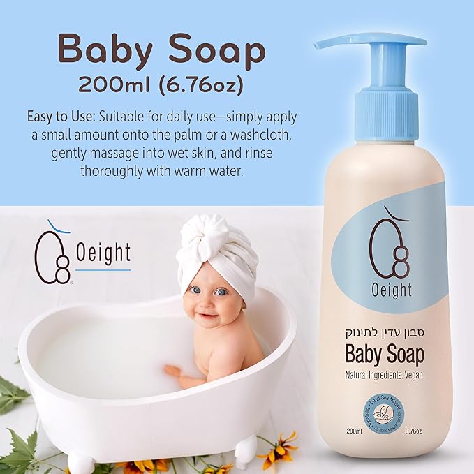 Oeight Baby Body Wash, 100% Natural Active Ingredients Sensitive Skin Baby Wash with Aloe Vera, Chamomile, Olive Oil & Provitamin B5, Dermatologically & Hypoallergenic Tested Mild Foaming Soap, 200ml