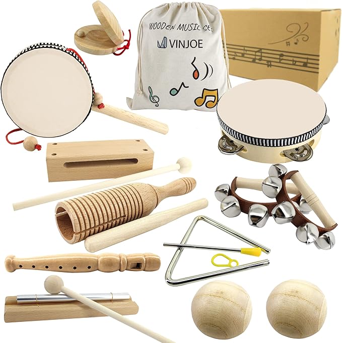 VINJOE Wooden Music Set–Kids Musical Instruments Toys, Natural Wood Percussion Instruments Toy for Kids Preschool Education Baby Musical Toys Instrument Set for Toddlers Best Gifts for Christmas