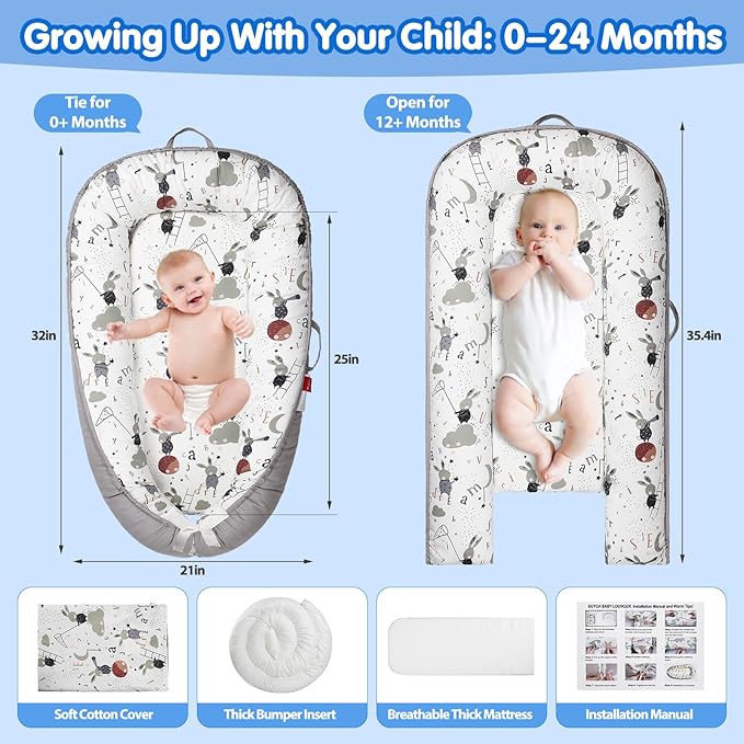 Baby Lounger - Breathable & Soft Baby Nest, Portable and Lightweight Tummy Time Lounger for Home and Travel, Ideal Newborn Babies Essentials Baby Shower Gifts