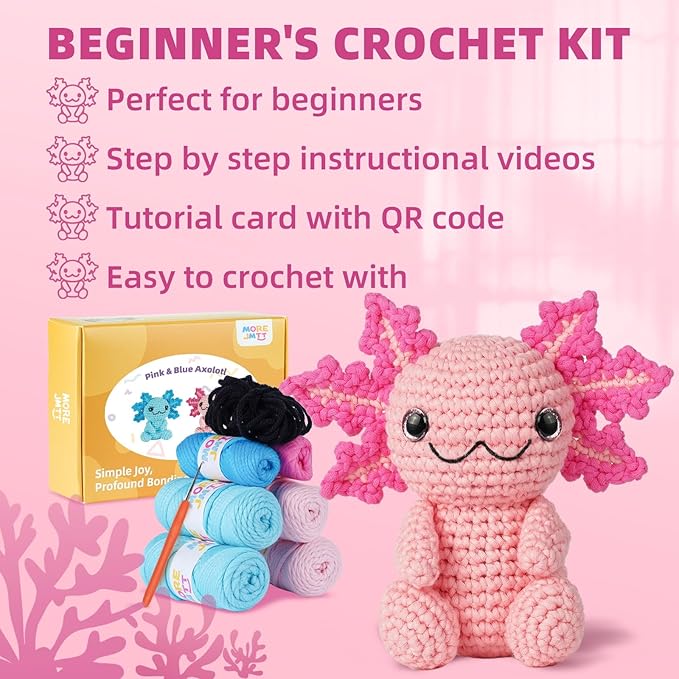 Crochet Kit for Beginners, Crochet Animal Kits,Crocheting Kit for Starters with Step-by-Step Video Tutorials, Beginner Crochet Kits for Adults (2Pack Axolotl)