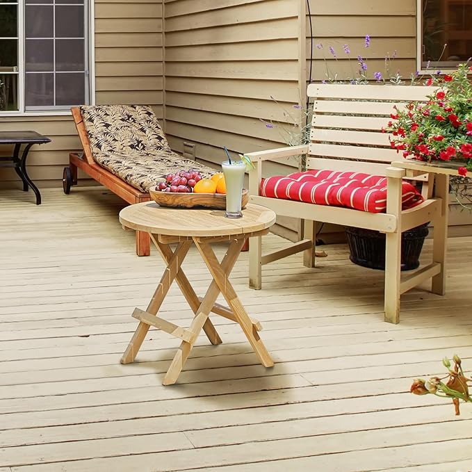 OTSUN Teak Outdoor Side Table,Patio Table with Adjustable Feet, Small Round Side Tables, Elegant Accent Outdoor Tables for Balcony Porch Poolside(Round Tables Folding)