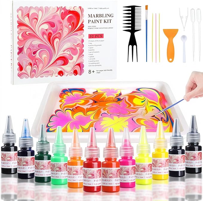 TMOL Marbling Paint Art Kit for Kids, Arts and Crafts Set for Girls & Boys Ages 8-12, Craft Kits with 16ml-12pcs & 25 Papers, Art Supplies, Birthday Gifts & Creative Toys for Kids Age 8 9 10 Year