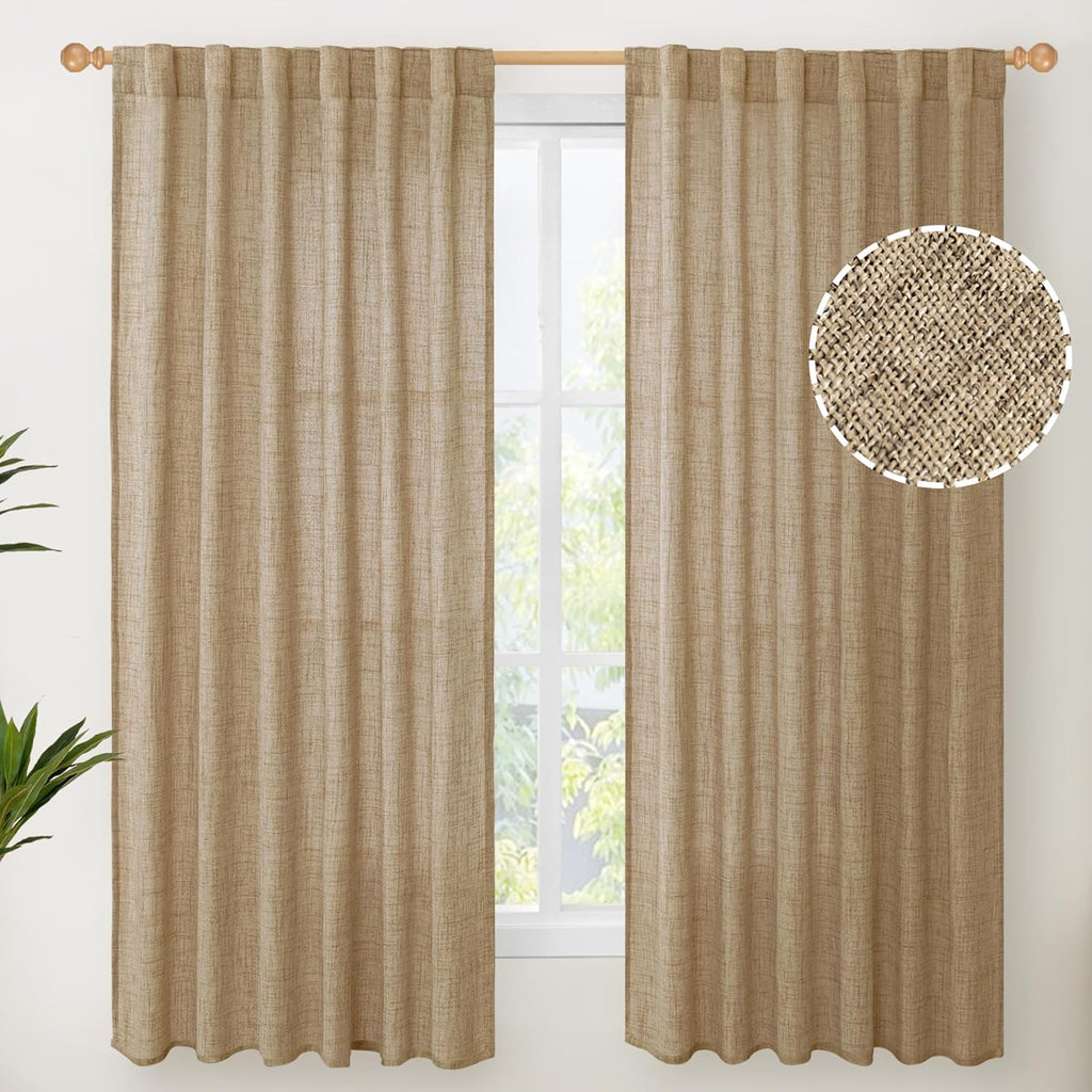 YoungsTex Burlap Linen Curtains 63 Inch Length for Living Room Window, Textured Semi Sheer Drapes Light Filtering with Rod Pocket Back Tab for Farmhouse Bedroom, Toffee, 52 X 63 Inch, 2 Panels