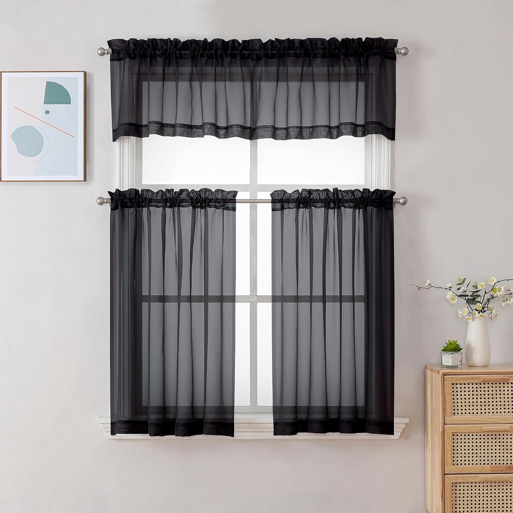 Chyhomenyc Black Sheer Tier Curtains 24 Inch Length, Small Window Curtains Treatment for Bathroom/Living Room/Cafe/Basement, Short Voile Curtain Tiers, 42W x 24L, Rod Pocket, 2 PCS