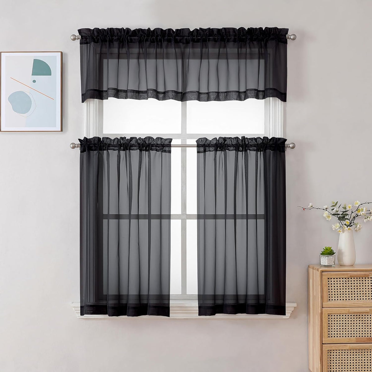 Chyhomenyc Black Sheer Tier Curtains 24 Inch Length, Small Window Curtains Treatment for Bathroom/Living Room/Cafe/Basement, Short Voile Curtain Tiers, 42W x 24L, Rod Pocket, 2 PCS