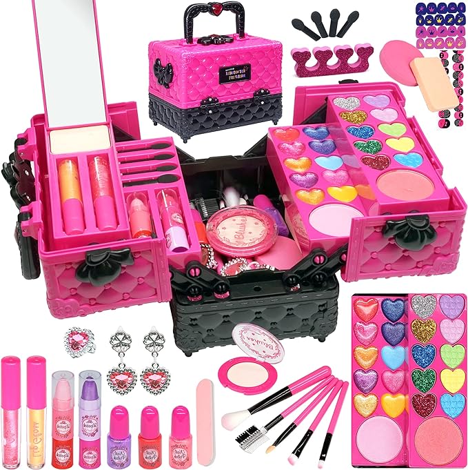 Kids Makeup Kit for Girl - 52 PCS Safe and Washable Makeup for Kids, Real Girls Makeup Kit, Toddler Makeup Kit with Cosmetic Case, Girls Toys Age 4-12, Princess Toys Birthday Gifts for Girls