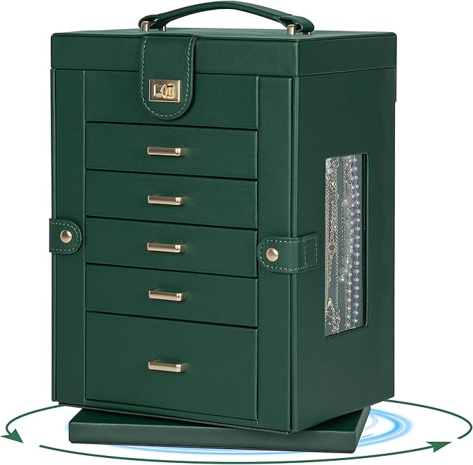 AKOZLIN 360° Rotating Jewelry Box 6-Tier Organizer Functional Jewelry Storage Case for Women Girls Ring Necklace Earring Bracelet Holder with Mirror