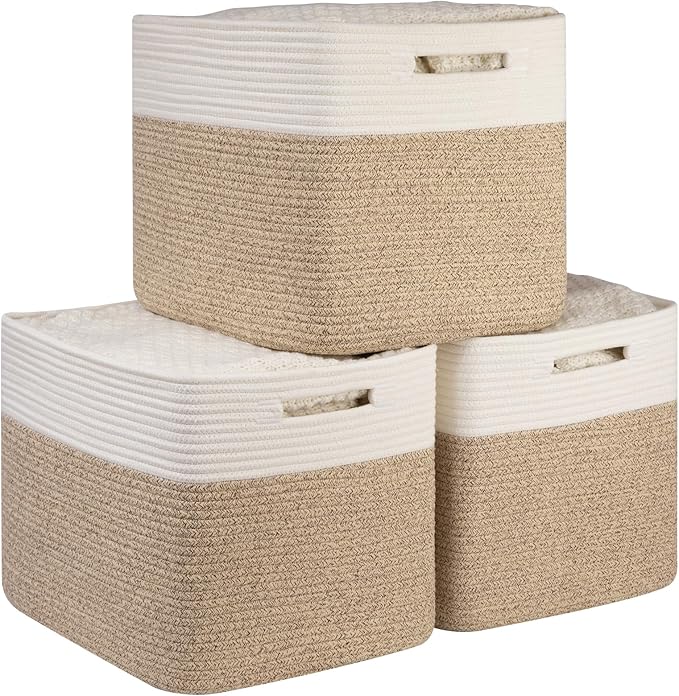 OIAHOMY 13 Kallax Inch Cube Storage Bins, 3-Pack Cotton Rope Woven Baskets for Organizing, Kallax Insert Storage Baskets for Shelves, Baby Nursery, Closet Organizer, 15*13*12.6IN, Brown & White