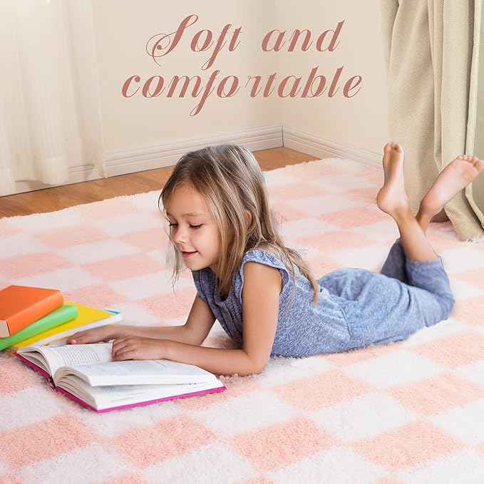 Super Soft Rug for Bedroom, 6x9 Ft Pink and White Area Rug Classic Checkered Shaggy Anti-Skid High Pile Soft Fluffy Rug Fuzzy Carpet for Living Room Bedroom Kids Room Nursery, Dorm Home Decor