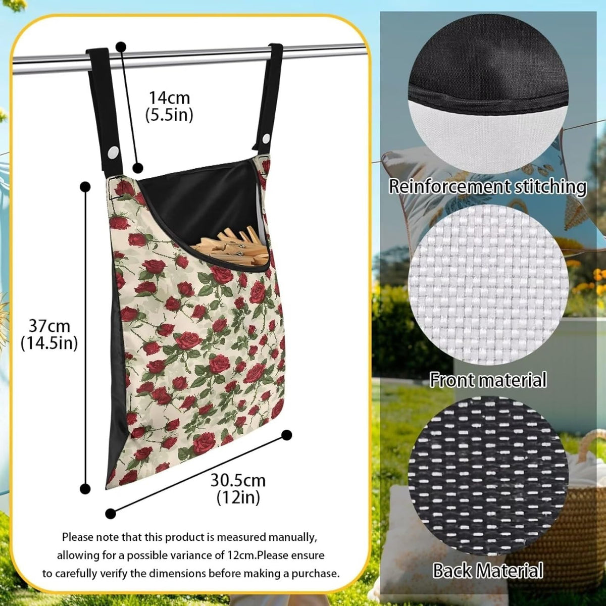 Rose Clothespin Bag Fashion Hanging Storage Organizer Clothes Pin Bag Waterproof Laundry Clothespin Bag Clothespin Holder with Hanger Hook for Easy Hang and Large Opening