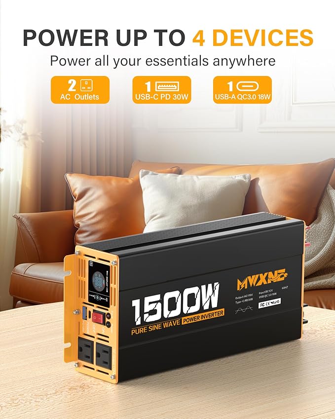 1500W Pure Sine Wave Power Inverter DC 12V to AC 110V 120V Converter with 2 AC Outlets, QC3.0 18W USB-A, PD30W USB-C Port Car Inverter with LCD Display and Remote Control for Truck RV Home