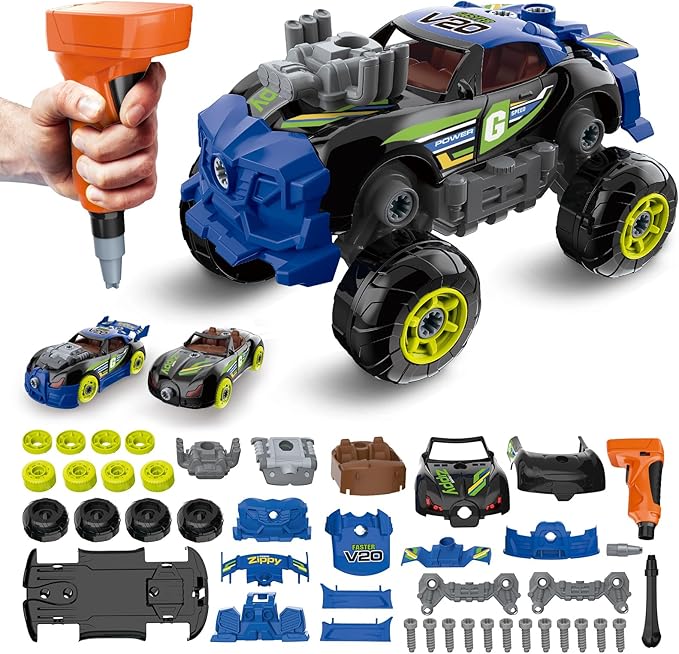 3-in-1 Building Car for Boys Ages 3+, Take Apart Car with Electric Drill, 43 Pcs Construction Toy Truck, Build Your Own Cars with Play Tools, Ideal Educational Present for Kids Children (Black)