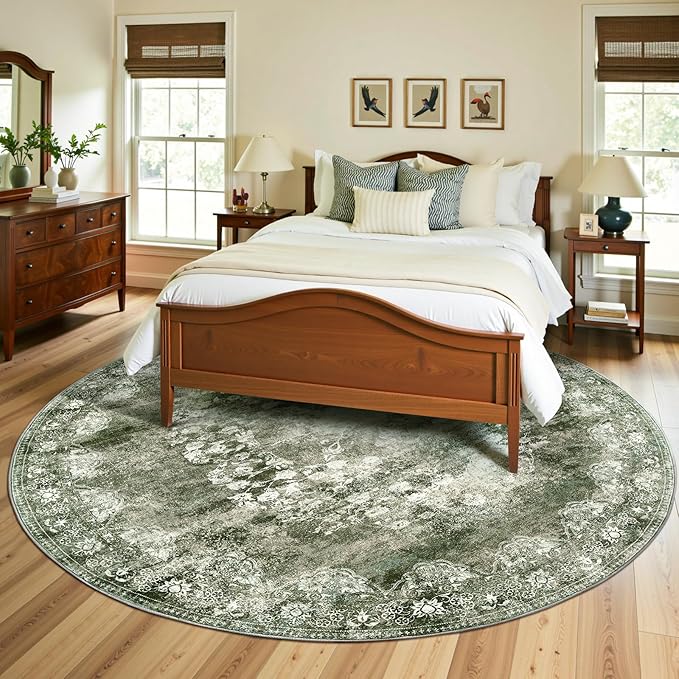 jinchan Round Rug 7ft Area Rug - Green Vintage Floor Mat Kitchen Indoor - Washable Circle 7' Thin Floral Print Carpet Retro Farmhouse Non Slip Dining Room Living Room Bedroom Office