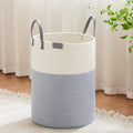 VIPOSCO Tall Laundry Basket, Large Dirty Clothes Hamper with Leather Handle, Woven Rope Storage Basket for Blanket, Toy In Living Room, Bathroom, Bedroom - 58L Grey & White
