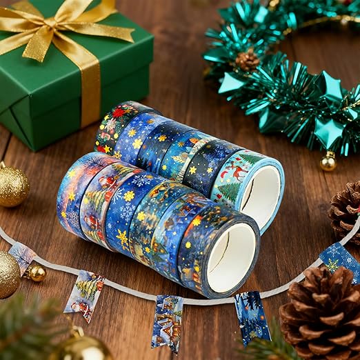 12 Rolls Christmas Washi Tapes, Christmas Tree Snowflakes Santa Claus Masking Tape, Gold Foil Winter Xmas Decorative Tape for Planner Scrapbook Journal DIY Arts Craft Gift Wrapping 16.4FT