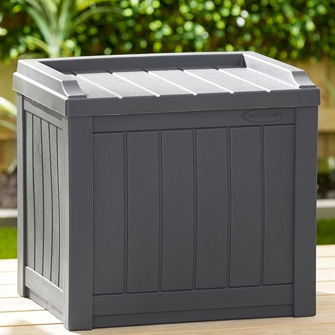 Suncast Small Deck Box Storage w/ Bench Seat for Indoor & Outdoor Use, 22 Gal., Cyberspace