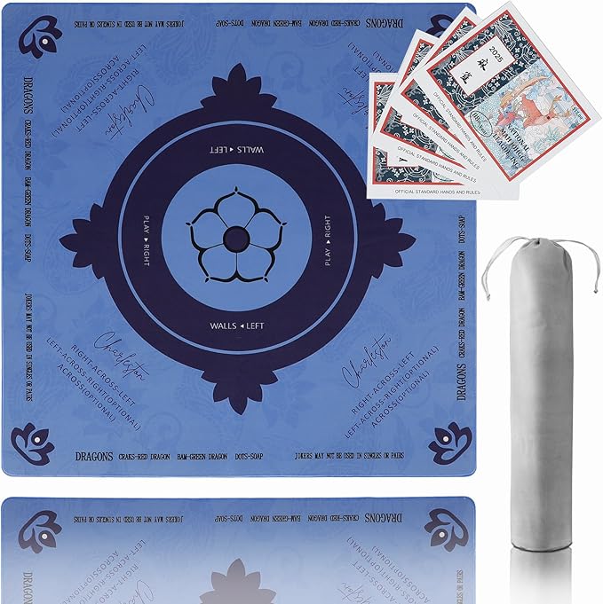 Mahjong Mat, Mahjong Mat for Table, Comes with 1 Velvet Mahjong Mat Storage Bag, with 2025 Mahjong Cards (4pcs), Fit for Mahjong/Poker/Board Games/Card Games/Dominoes (Blue)