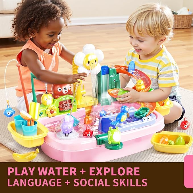 Water Table Play Sink Toys for Toddlers, Kids Play Kitchen Sink with Running Water, 360° Electric Faucet, Floating Fishing Game, Sensory Water Table Toys for Boys Girls Summer Gifts - Pink