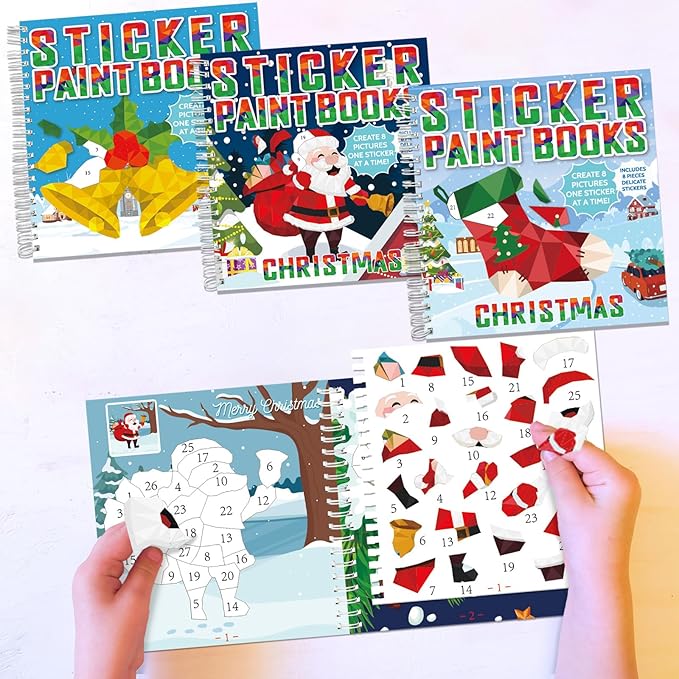 4 Pcs Christmas Paint by Sticker Books for Kids Ages 4-8 Sticker by Number Books Activity Book for Kids Ages 3-5 Sticker Puzzle Book Craft Art Toddlers Gift Snowman Santa Claus Xmas Tree 32 Pictures