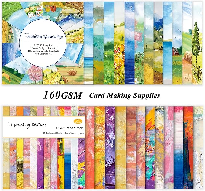 48 Sheets 24 Designs Scrapbook Paper Pad, 6"×6" Single-Sided Decopodge Craft Cardstock Paper,Scrapbooking DIY Decorative Background Cardmaking Supplies.Oil Painting&Landscape