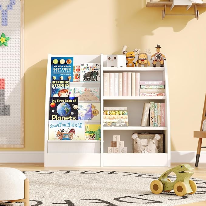 4 Tier Kids Bookshelf, 4 Layer Sling Kids Book Shelf for Kids Rooms,Wood Children Bookcase,Baby Storage Book Rack,Toddler Bookshelf, Book and Toy Organizer,Book Display Shelf for Bedroom, Nursery
