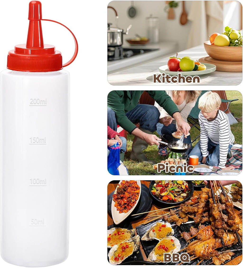 Condiment Squeeze Bottles Ketchup Dispenser, 2 Pack 8oz Squeeze Bottles for Liquids, Plastic Sauce Bottle with Cap Lid, Squirt Bottles for Sauces Liquids BBQ Dressing Pancake Art