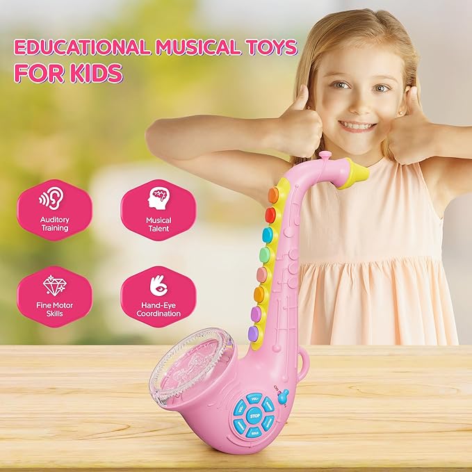 Contixo KT1 Toy Saxophone, Pink Digital Saxaboom, Trumpet, Clarinet with Light & Sound, Early Education Musical Instrument Gift for Toddlers Kids Girls Boys