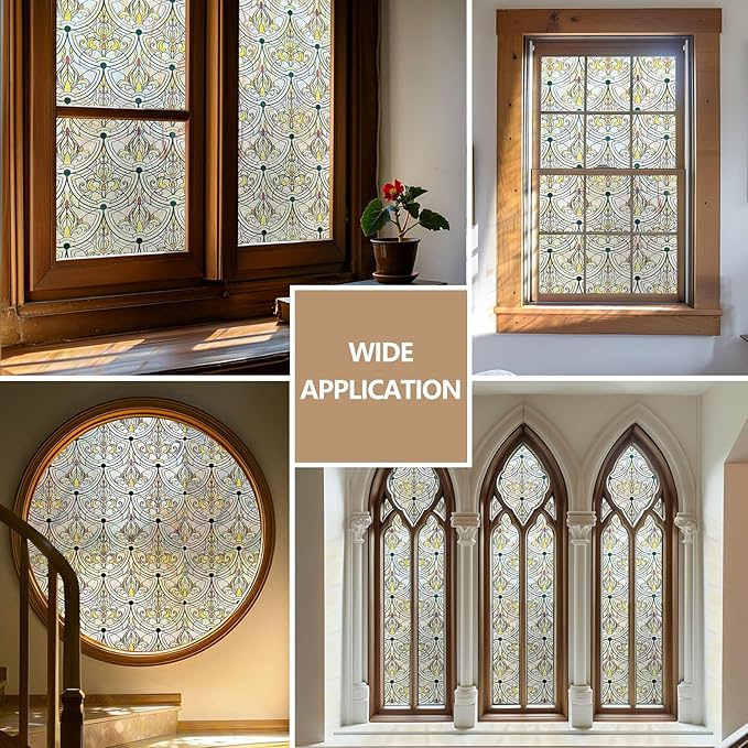 3D Stained Glass Window Film, Decorative Window Privacy Film for Bathroom,Front Door,Home, Sun Blocking Heat Control,Static Cling, Removable Non-Adhesive Golden Ironwork 23.6inch x 35.4inch