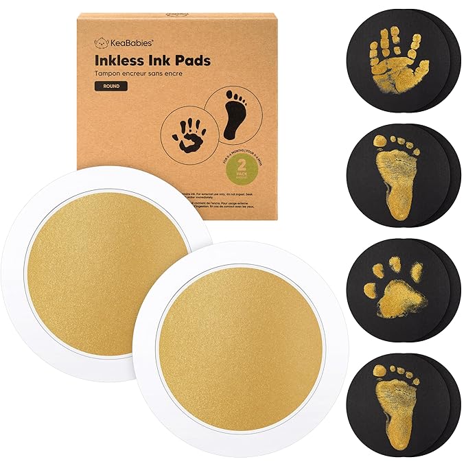 2-Pack Round Inkless Baby Hand and Footprint Kit - Mess Free Ink Pad for Newborn Keepsake, Dog Nose & Paw Print Kit, Clean Touch Ink Pad for Baby Hand & Footprints, Ideal New Mom Gifts (Gold)