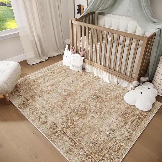Washable 4x6 Rugs for Living Room, Boho Non-Slip Silicone Backing Small Rugs for Bedroom Nursery Office, 0.3" Neutral Oriental Throw Carpet with 0.16" Cushioning Pad, Brown/Multi
