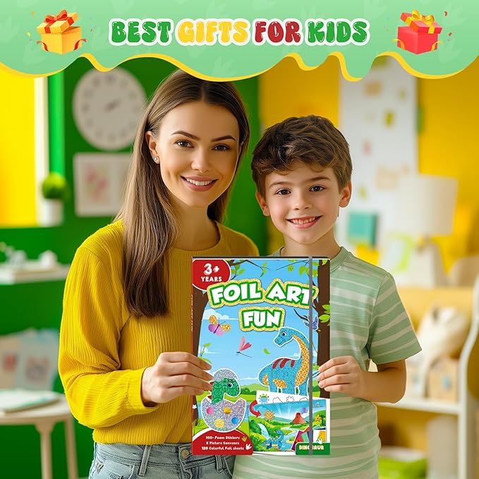 homicozy Art & Craft Activity for Kids-Foil Fun Dinosaur,No Mess Art Crafts for Girls,DIY Foil Foam Stickers,Creative Activity Kits,Kids Travel Toys,Gifts for Girls & Boys Ages 4-10