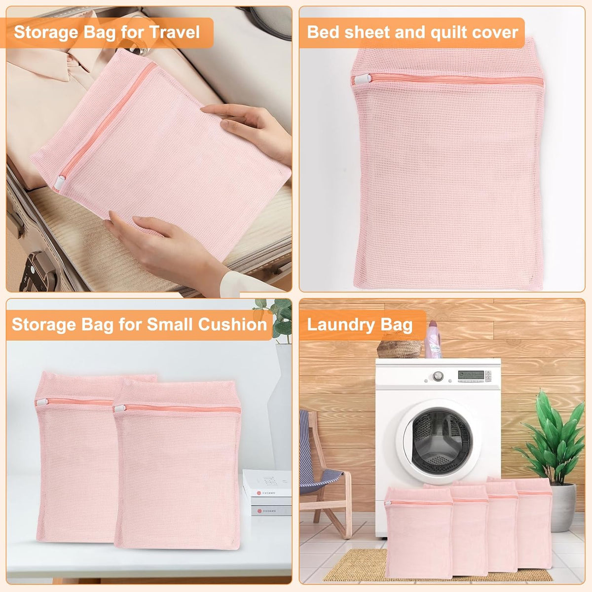 4-Piece Pink Medium Durable Organic Cotton Mesh Laundry Bags with Sturdy Zippers and Breathable Mesh are Delicate Laundry Bags for Underwear, Clothes, Pants and Socks