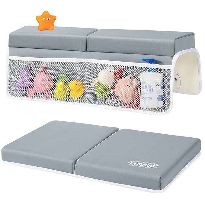 URMYWO Bath Kneeler and Elbow Rest Pad Set - 1.5" Thick Baby Bath Kneeler Pads with Toys Organizer, Anti-Slip Cozy Knee & Arm Support Bathtub Mat, Quick Dry Kneeling Pad for Baby Bath Time