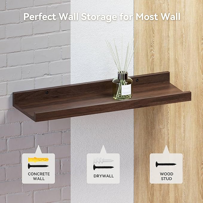 Floating Shelves Wall Mounted Set of 2, Farmhouse Wall Shelves for Storage with Lip, Display Picture Ledge Shelf for Wall Decor Bedroom Living Room Bathroom Kitchen - Walnut