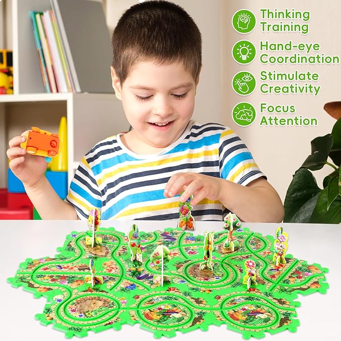 10Pcs Puzzle Racer Kids Car Track Set for Toddlers Boys, Race Tracks for Kids Ages 3-8, Puzzle Track Car Play Set, Educational Puzzles Cars Toys for 3 4 5 6 Year Old Boys (Snail)