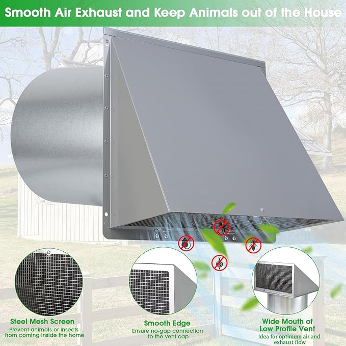 8 inch Hooded Wall Vent with Screen and Damper,Wall Vent Cover Exhaust Vent Outdoor Wall Cap Exterior Air Vent Cover for Kitchen Range Hood HVAC Duct Dryer Ventilation,Galvanized Steel,Gray