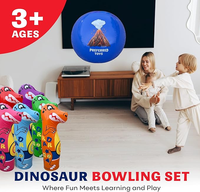 Inflatable Dinosaur Bowling Set for Kids – 6 Giant 26” Pins & 24” Ball – Fun Indoor/Outdoor Game – Educational Motor Skills Toy – Great Birthday Gift – Teaches Numbers, Letters & Shapes