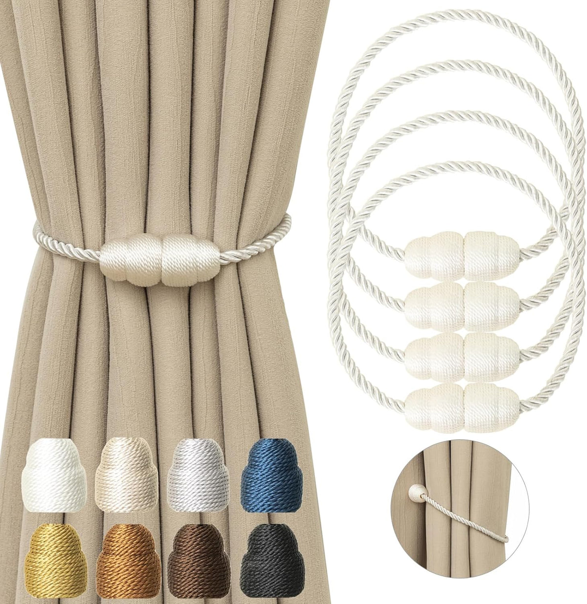 Magnetic Curtain Tiebacks Rope Curtain Tie Backs for Curtains 4 Pack Curtain Holders for Drapes Decorative Window Curtain Holdbacks, White