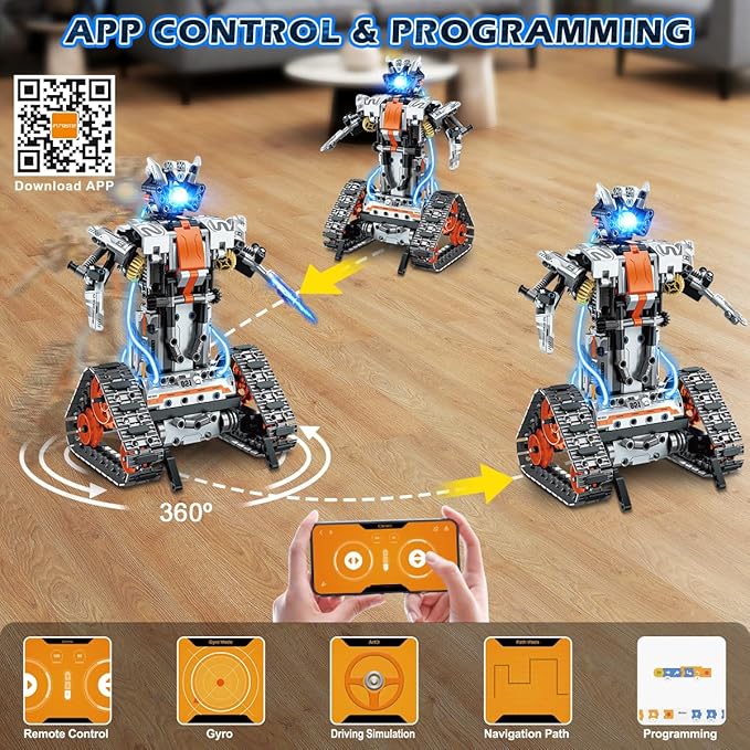 5-in-1 Building Toys with LED Light, APP & Remote Control Building Block Set, 604 PCS RC Tech Rechargeable Tank Robot Sleigh Tracked Racer Toy, Gift for Kids Boys Girls Ages 6 7 8 9 10 11 12+