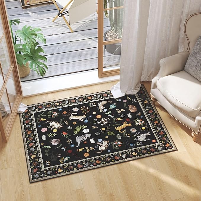 Rugcomf Door Mat Indoor Entrance 2x3 Rug Machine Washable Boho Floral Animal Cat Small Area Rug Non-Slip Low Pile Throw Rugs for Entryway Kitchen Front Door Indoor Entrance Entry Kids Room, Black