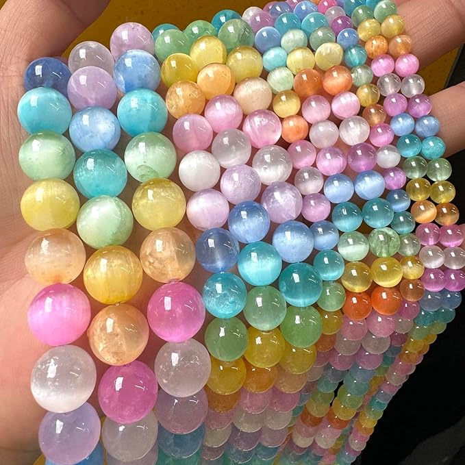 45PCS 8MM Natural Stone Colorful Selenite Gypsum Beads Round Loose Beads for Jewelry Making DIY Bracelet Necklace Accessories 15" Energy Healing Power Stone Beads
