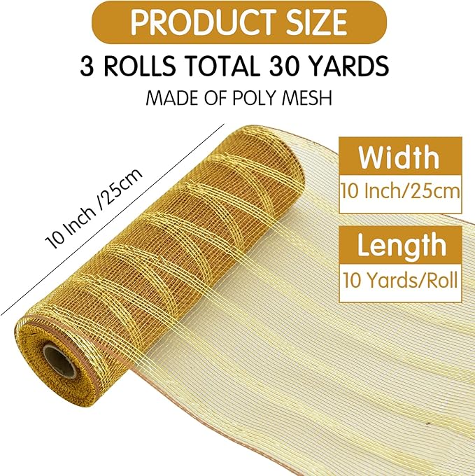 TONIFUL 10 Inch 3 Rolls Orange/Green/Gold Thanksgiving Decorative Mesh Ribbons, Fabric Mesh with Foil for Tree Home Front Door Wreaths Decorations Party Supplies（3 Colors, 10yards/ roll）
