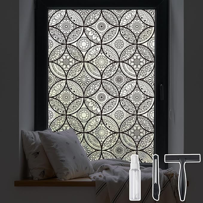 DKTIE Boho Stained Glass Look Window Privacy Film with Installation Tools, Decorative Frosted Glass Window Film Static Cling No Glue Removable, Pure Black, 17.7" x 118.1"